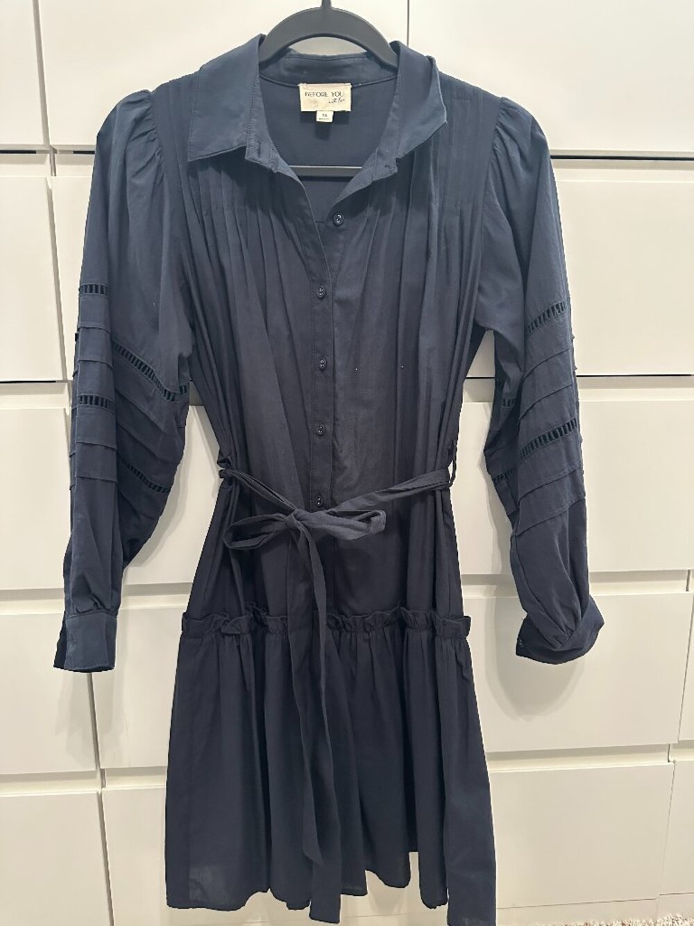 Before You Navy Pintuck Tie Waist Shirt Dress XS